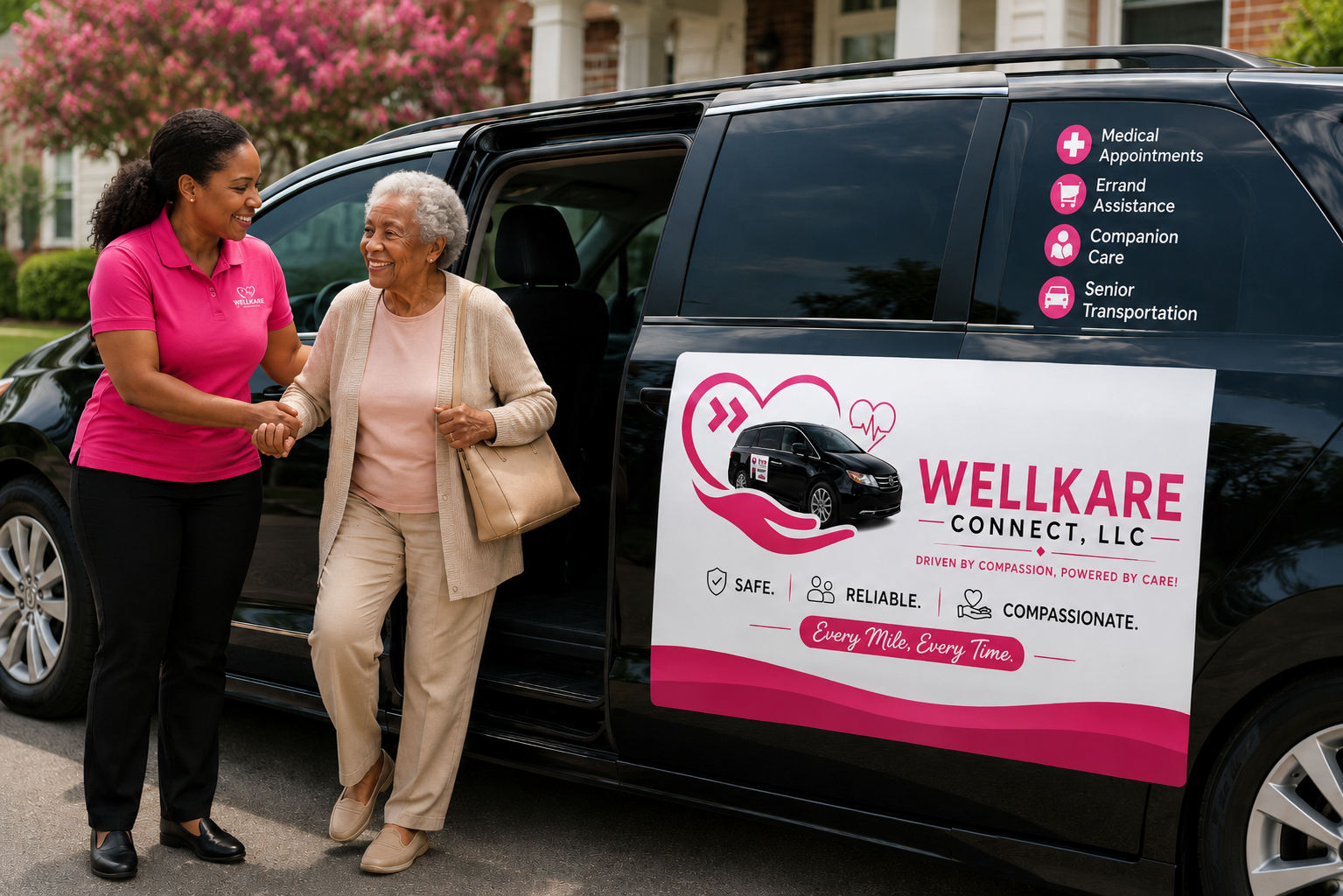 Caregiver helping a senior by a WellKare Connect van